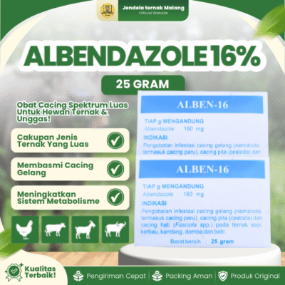 ALBEN 16% SERBUK 25 GRAM – Untuk Masalah Cacingan Pada Hewan Ternak Sapi Kerbau Kambing Domba Babi
