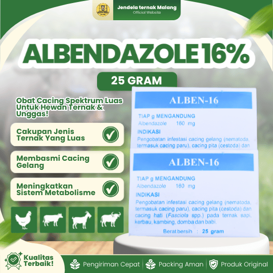ALBEN 16% SERBUK 25 GRAM - Untuk Masalah Cacingan Pada Hewan Ternak Sapi Kerbau Kambing Domba Babi