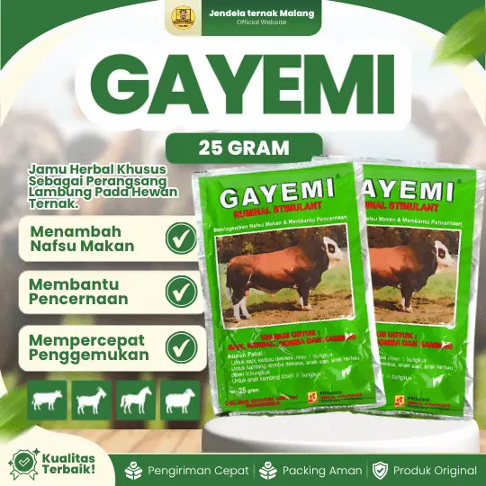 GAYEMI 25 GRAM – Untuk Peningkatkan Selera Makan Dan Penggemuk Sapi, Kerbau, Kambing Dan Domba.