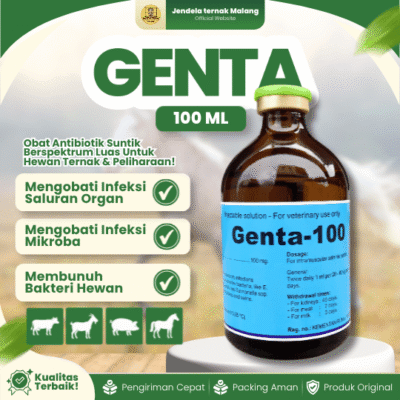 GENTA 100 ML – Mengobati Infeksi Saluran Pernafasan, Pencernaan Dan Saluran Urinasi Hewan Ternak.