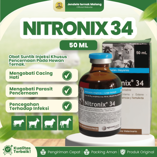 NITRONIX 34 50 ML -  Atasi Cacing Hati, Pencernaan, Parasit Eksternal Hewan Ternak.