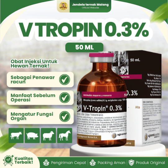 V TROPIN 0.3% 50 ML - Atropin Injeksi Antidot Dan Megurangi Kejang Untuk Hewan Ternak.