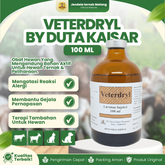 VETERDRYL 100 ML DUTA KAISAR - Anti Kolik, Alergi, Mabuk, Dan Terapi Tambahan Pada Hewan.