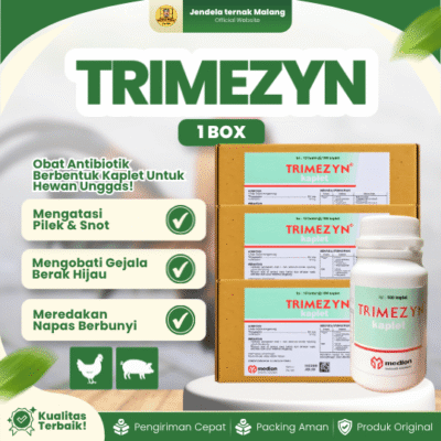TRIMEZYN KAPLET 100 KAPLET 1 BOX (12 BOTOL) – Untuk Masalah S Snot Ngorok CRD Kolera Pulorum Ayam Unggas Ternak